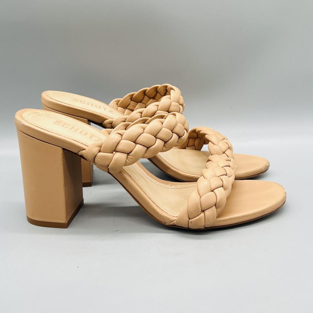 Schutz Sandals Women 8 Tan Leather Braided Double Strap Slide Block Heel Shoes